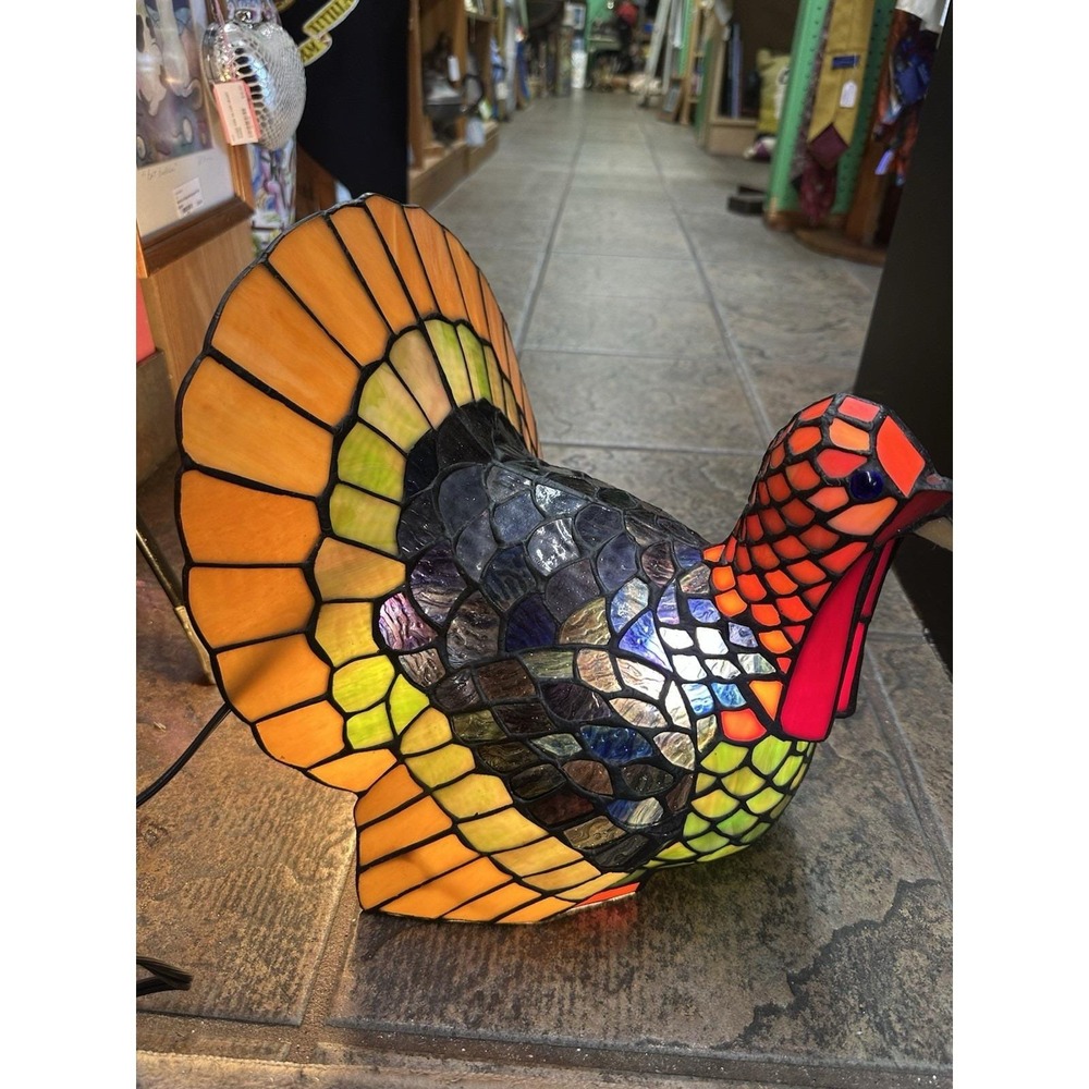 Vintage Cracker Barrel Tiffany Style Stained Glass Turkey Lamp Thanksgiving